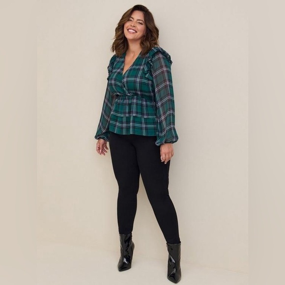 NWT Torrid Green Plaid Chiffon Ruffled Sleeve Cropped Top Flounce 3X, 22-24 Gift - Picture 3 of 16